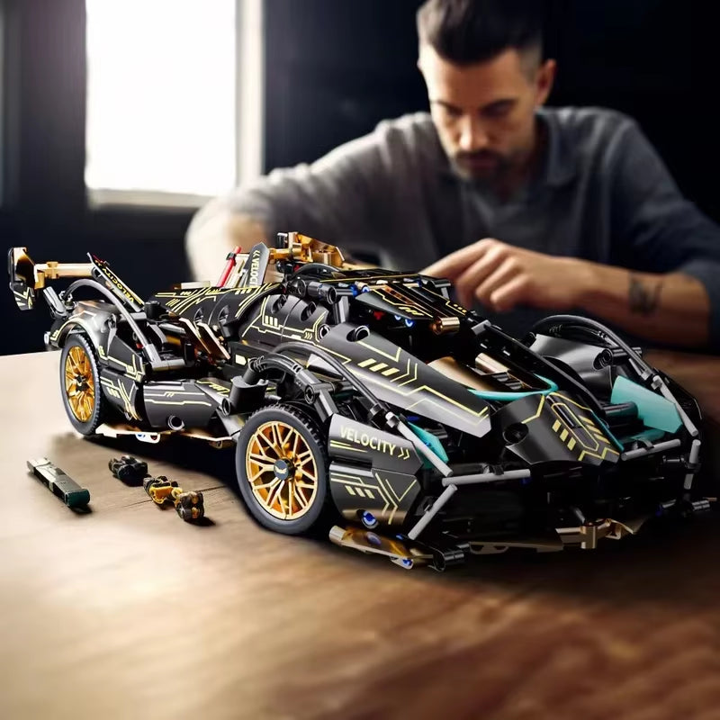 2024 Black V12 Block Roadster RC Tech Racer 1:14DIY Roadster Building Block Assembly Block Car Toy Birthday Gift （1280 Granule）