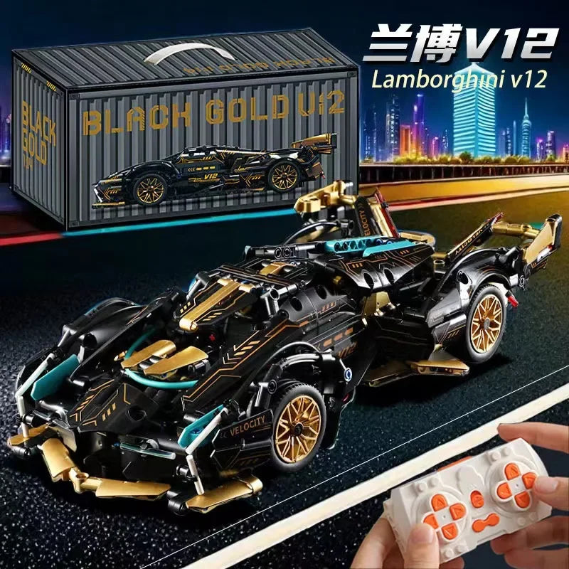 2024 Black V12 Block Roadster RC Tech Racer 1:14DIY Roadster Building Block Assembly Block Car Toy Birthday Gift （1280 Granule）